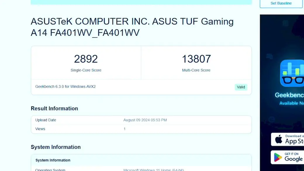 ASUS TUF A14 Review: Benchmarks Geekbench 6