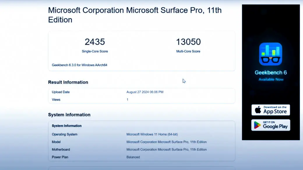 Surface Pro 11 Geekbench 6 test